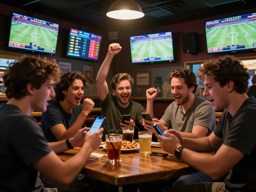 Excited patrons participating in live sports betting at GA8888 with multiple screens showing game footage.
