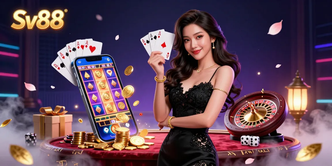 Engage in thrilling gaming at Sv88, with an elegant woman promoting casino excitement through vibrant slot graphics.