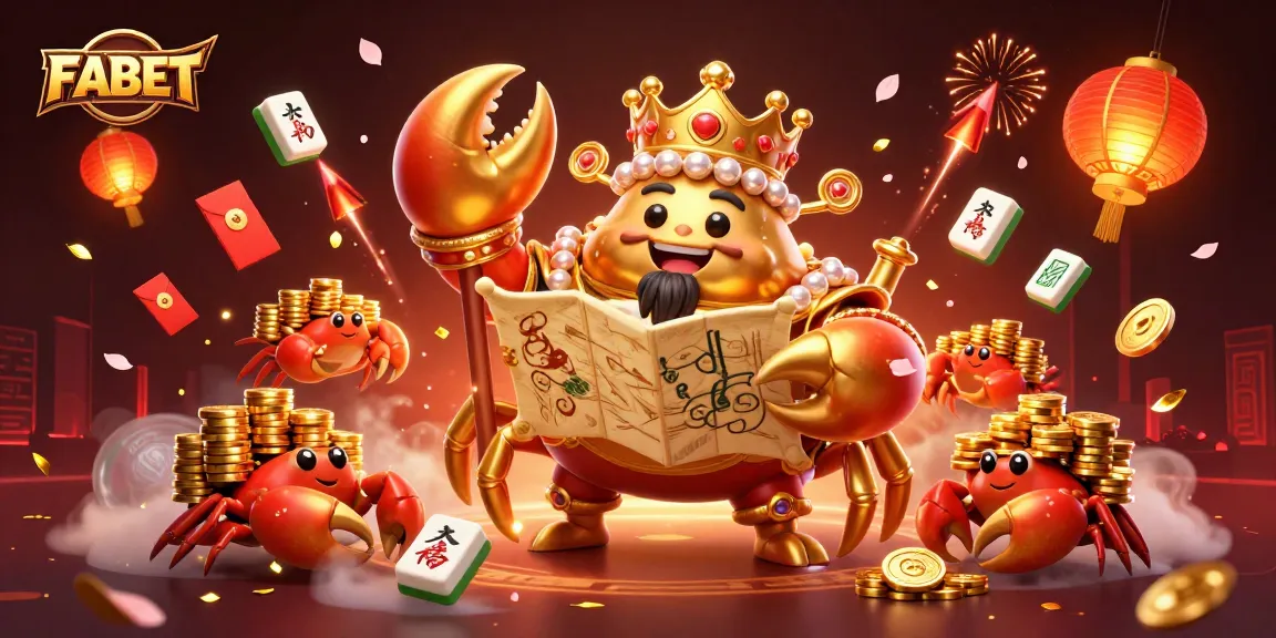 FABET's golden crab emperor celebrates winning in an opulent casino scene filled with treasures.