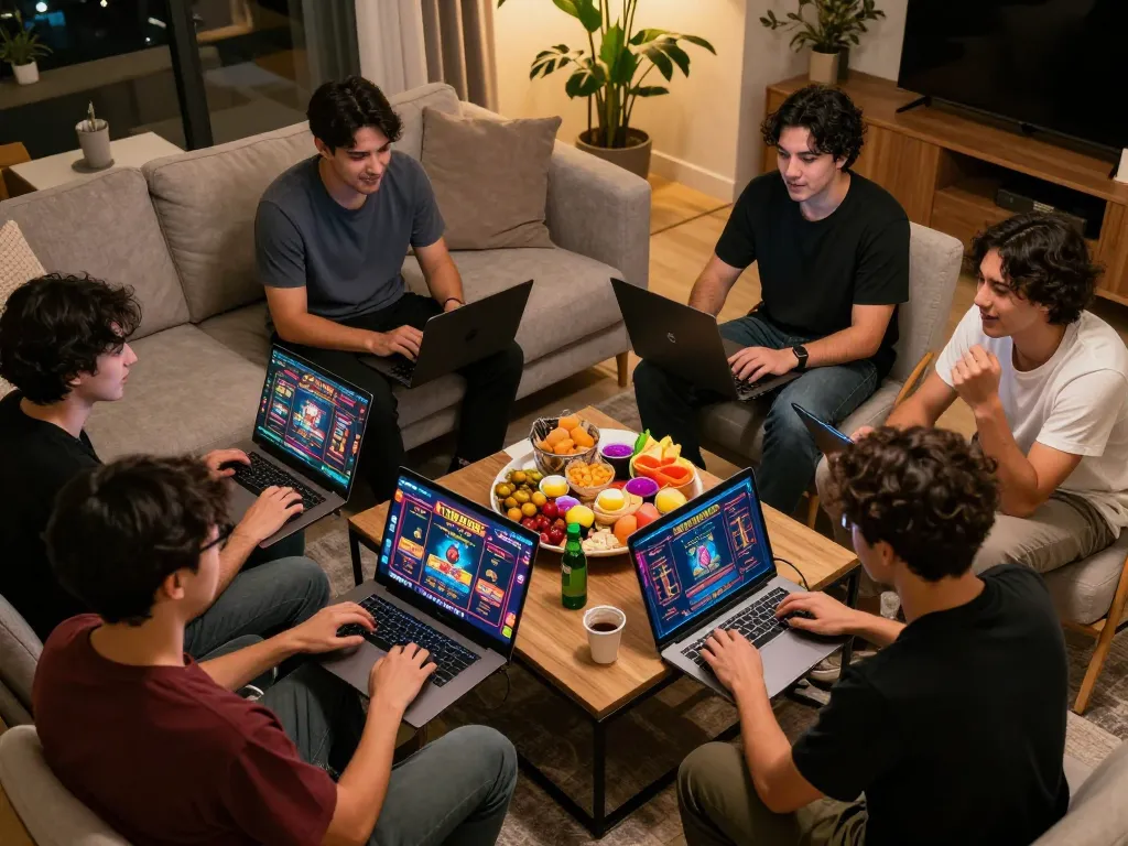 B52club players engaging in online casino games from a cozy home setting, showcasing excitement and strategy.