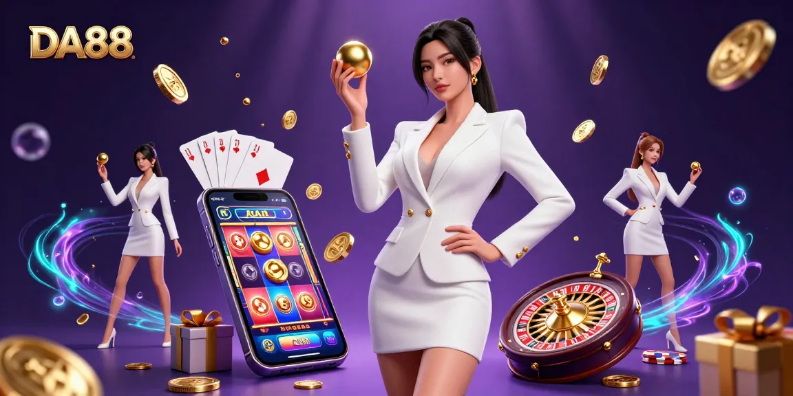 Engage in thrilling DA88 casino games with a dazzling Asian woman showcasing high-fashion and gaming excitement.