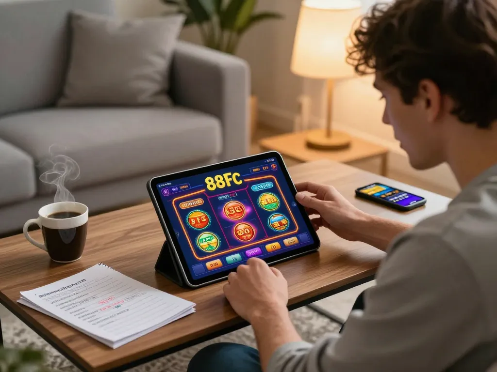 Player engaged with the 88fc casino app on tablet, showcasing an exciting online gambling experience.