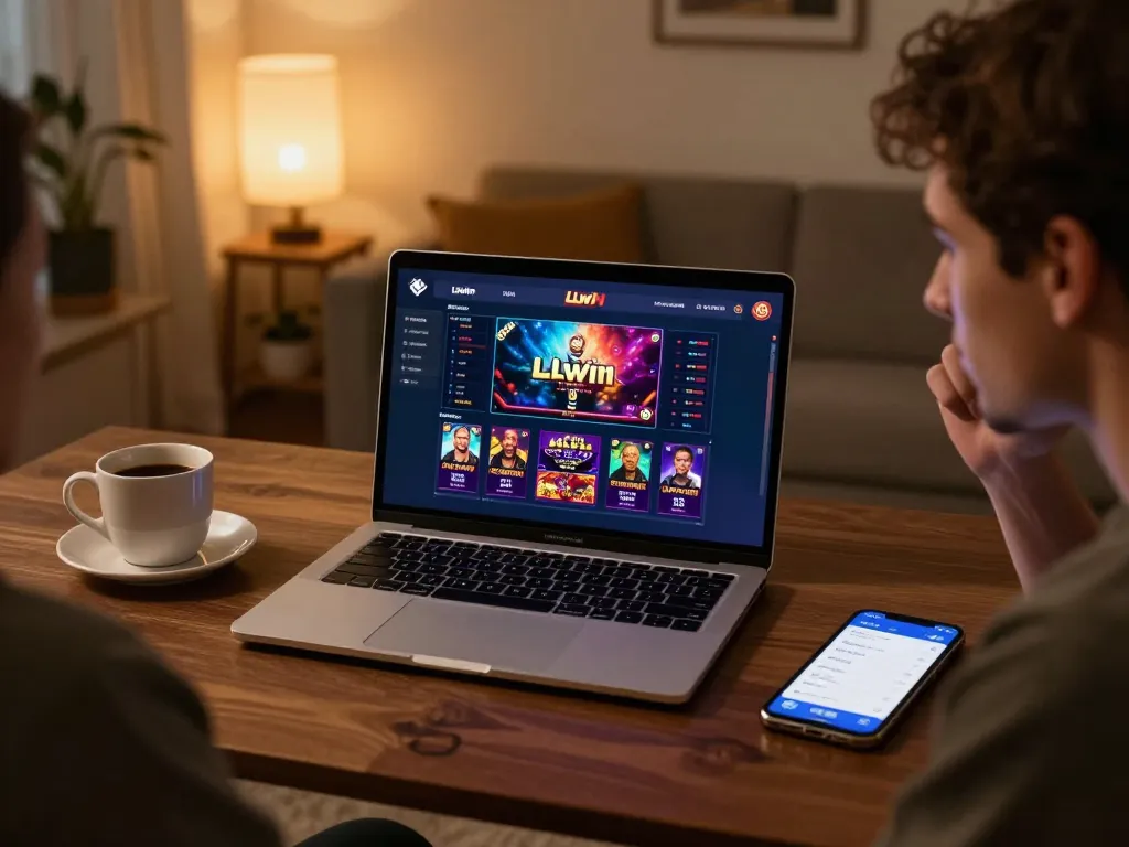 Engaging in LLwin online casino gaming with focused strategy in a stylish home setup.