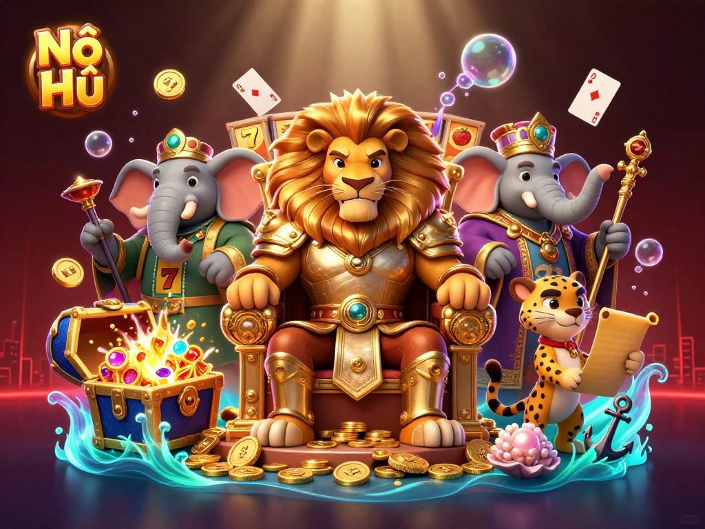Nổ Hũ showcases a fierce lion king amid slot reels and treasures, capturing the essence of online gaming excitement.