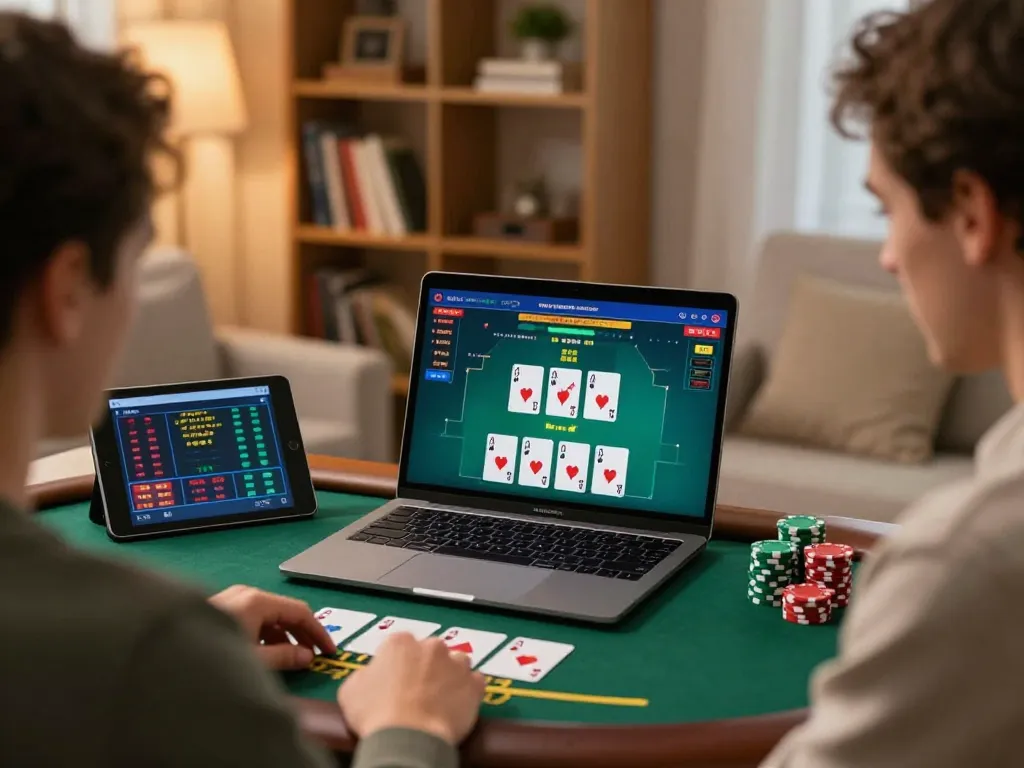Engaged player at home enjoying live dealer blackjack on 79KING platform with strategic focus