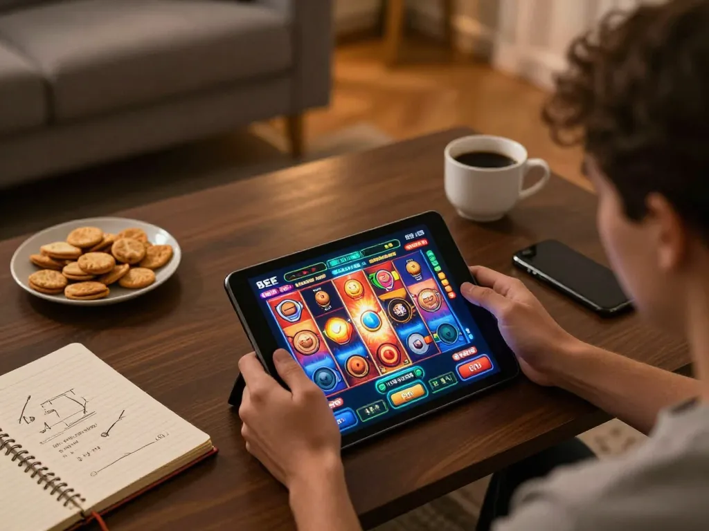 Player enjoying the 8EEE casino app on tablet while relaxing at home