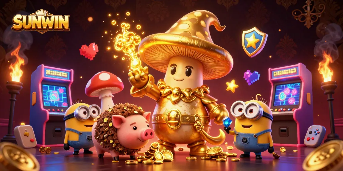 SUNWIN creates excitement with a golden wizard and treasure-hunting pig in a vibrant casino scene filled with games.