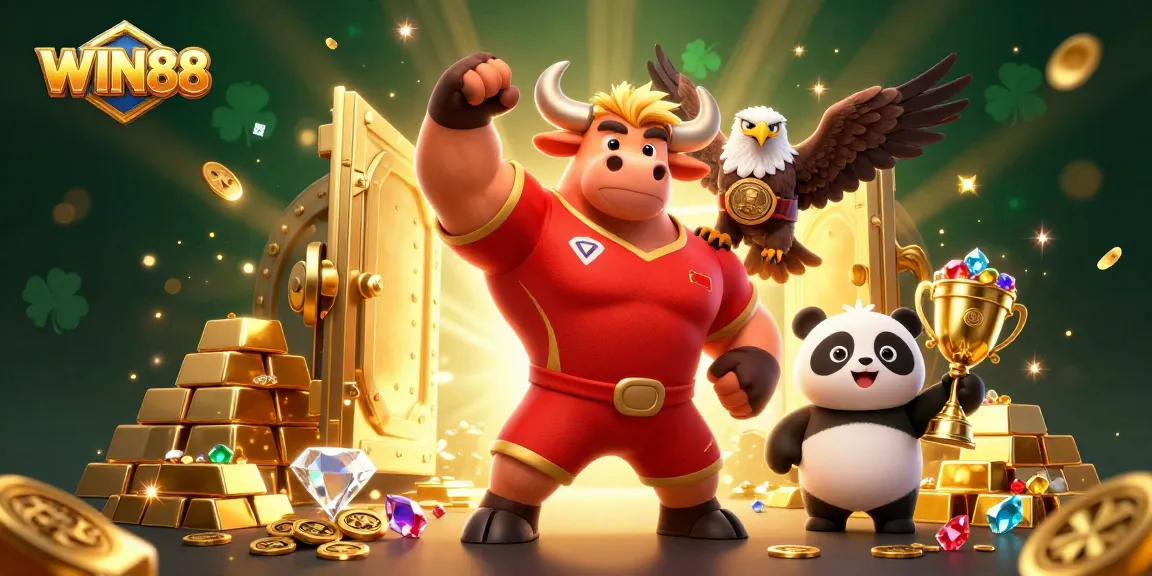 WIN88 players winning big with gold bars, jewels, and a supportive gaming community illustration