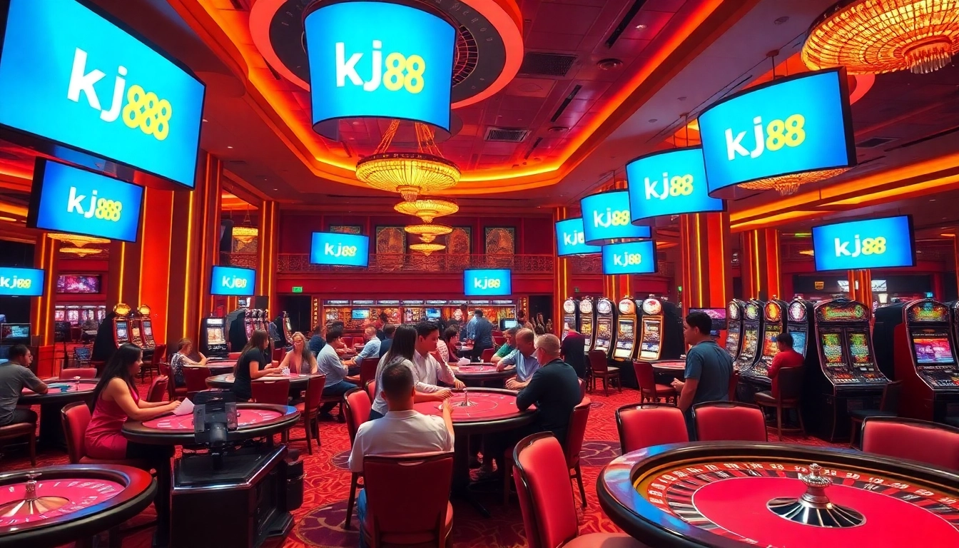 An excited group of gamblers playing at the kjc xx88 casino, showcasing a vibrant gaming atmosphere with poker tables and slot machines.