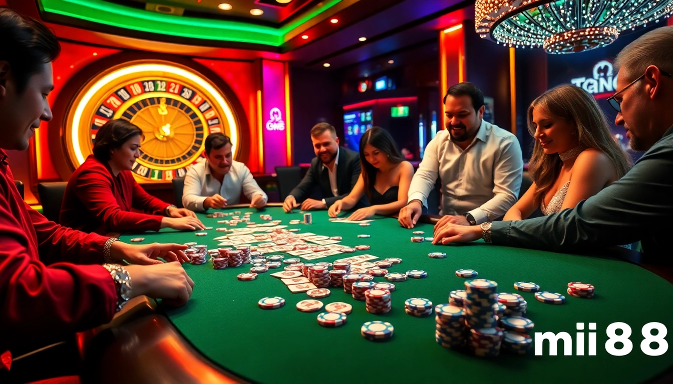 Intense poker game at mi88 casino showcasing vibrant chips and engaged players.