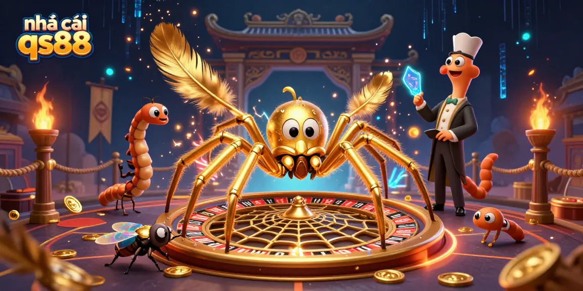 Experience the excitement at nhà cái qs88 with a golden spider and centipede croupier in a vibrant casino scene.