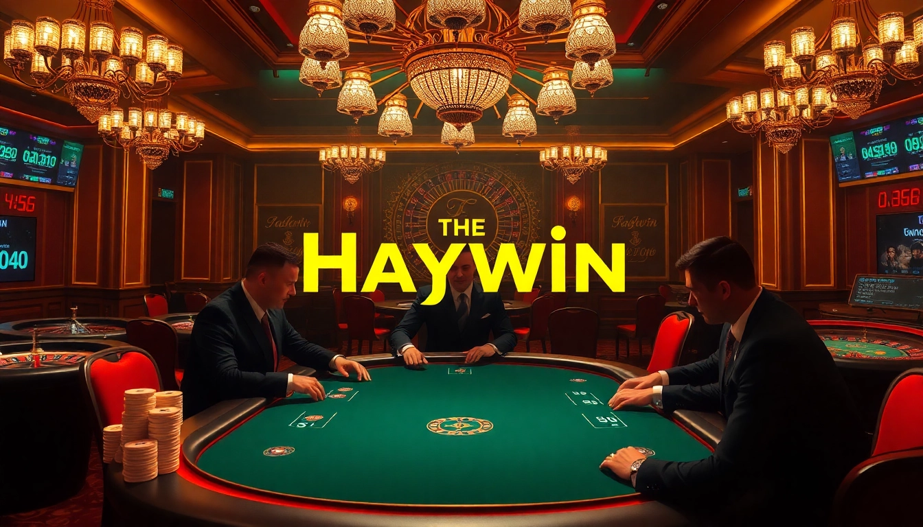 Haywin logo featured in a luxurious casino scene with poker players and vibrant gaming elements.