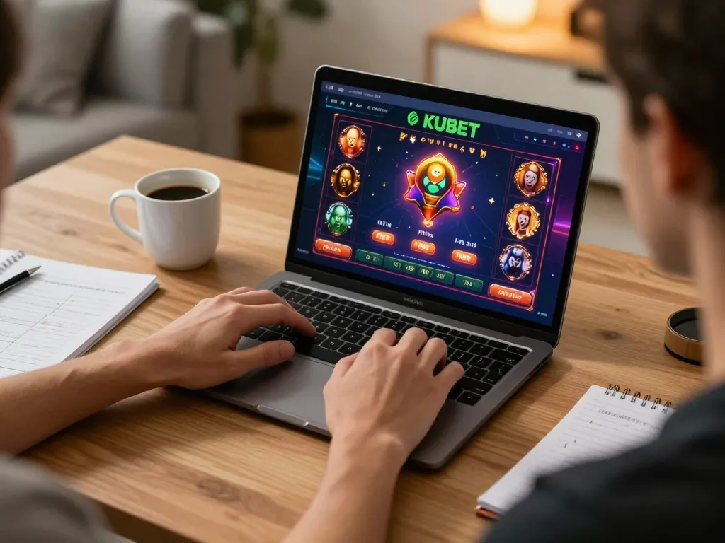 Engaging online KUBET player at home using laptop for casino gaming strategies.
