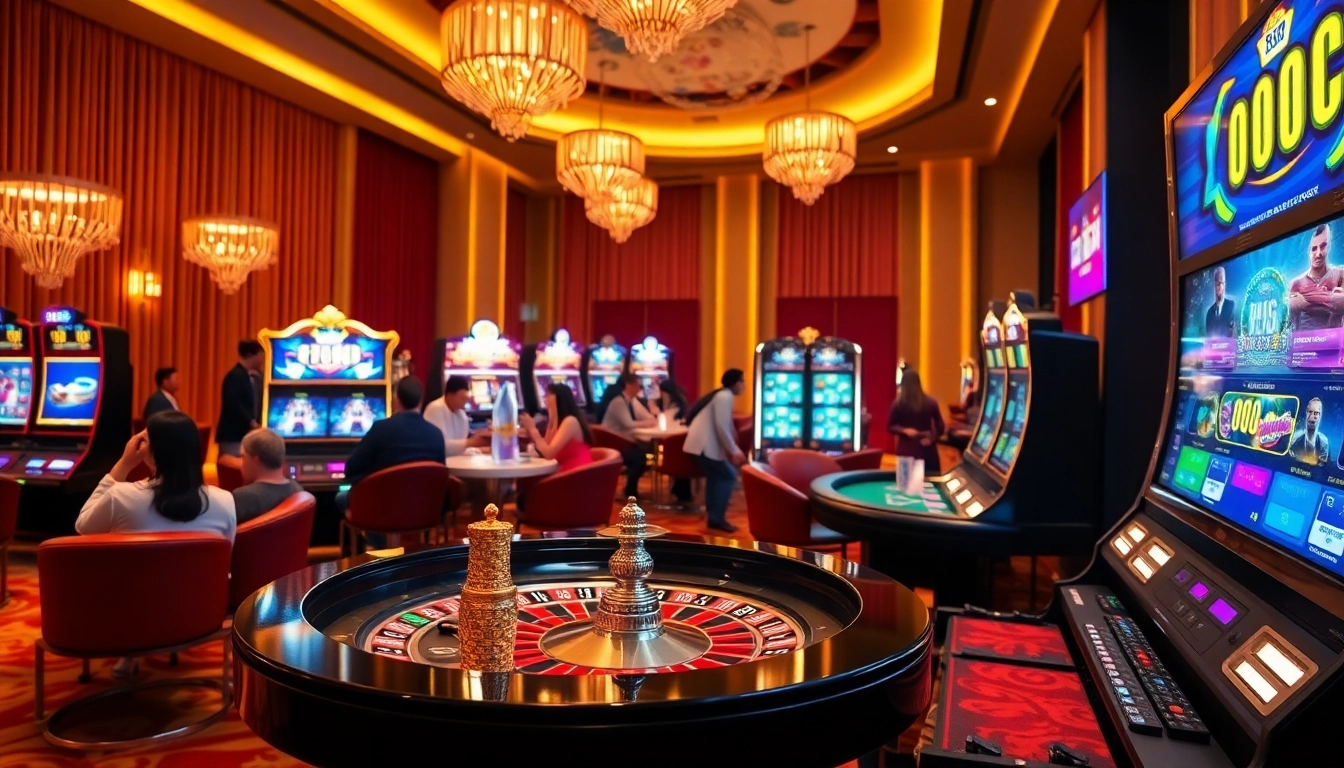 FB88 players engage with dynamic casino games in a luxurious digital gambling scene.