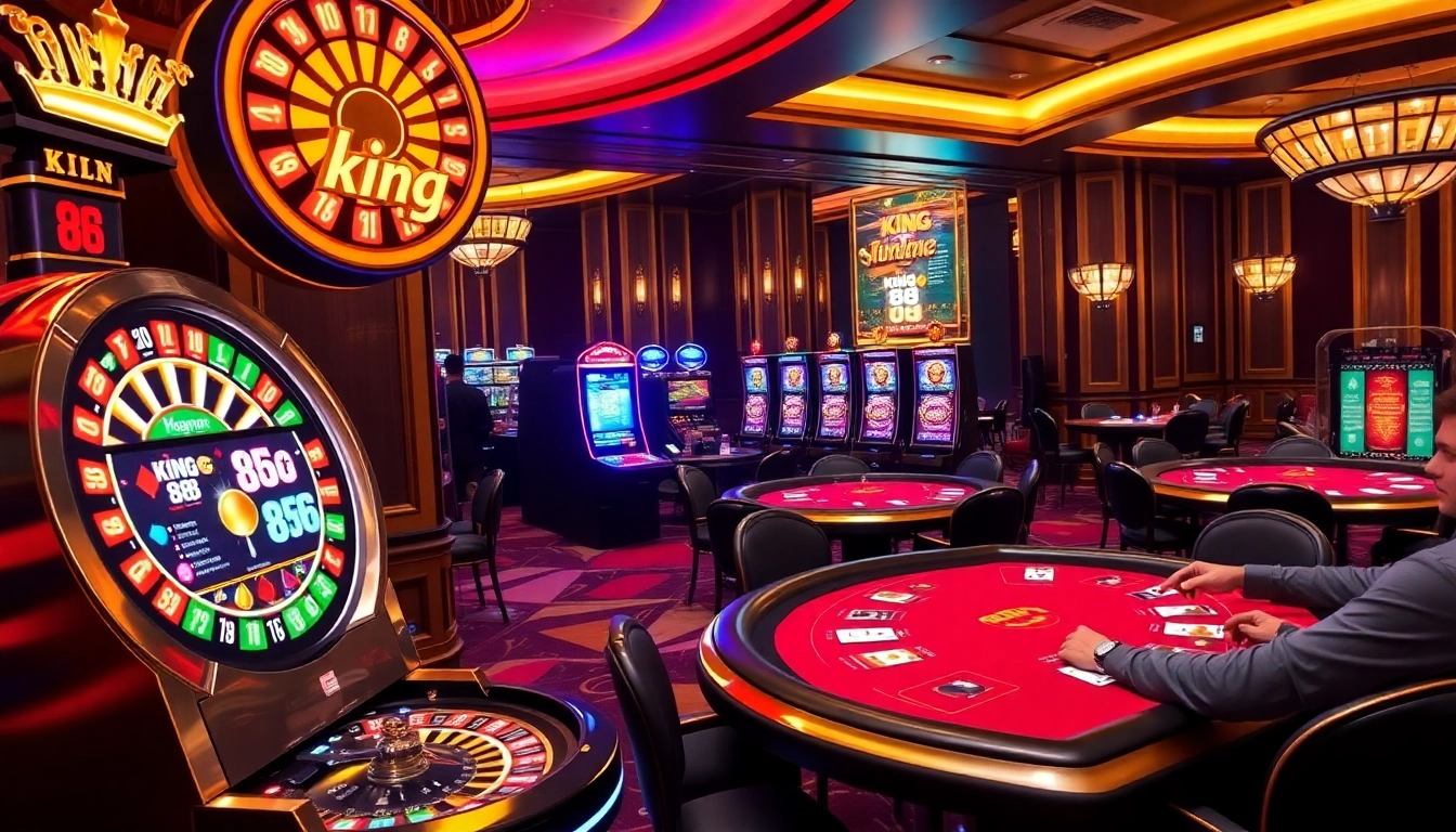 A high-end casino scene showcasing king 88 players at roulette and blackjack tables, exuding excitement and luxury.