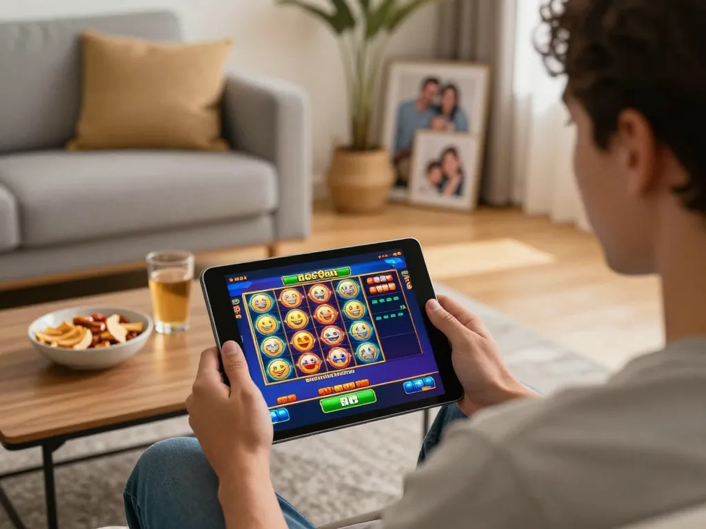 A person enjoying slot gameplay on Ace96au's platform in a cozy home setting.