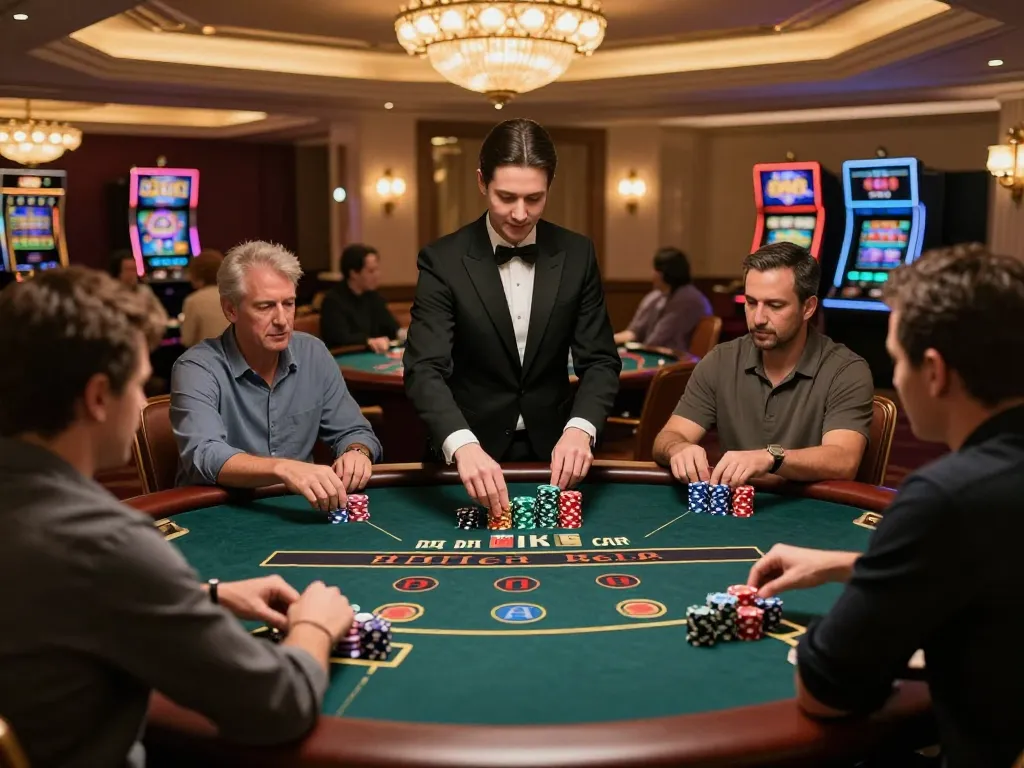 TG88 players strategizing at an upscale blackjack table in a luxurious casino environment.