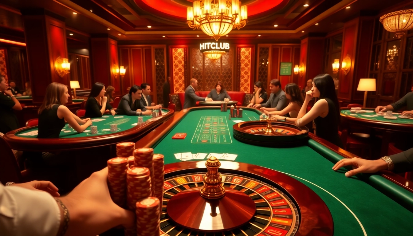 Hitclub players enjoying card games and roulette in a luxurious casino setting.