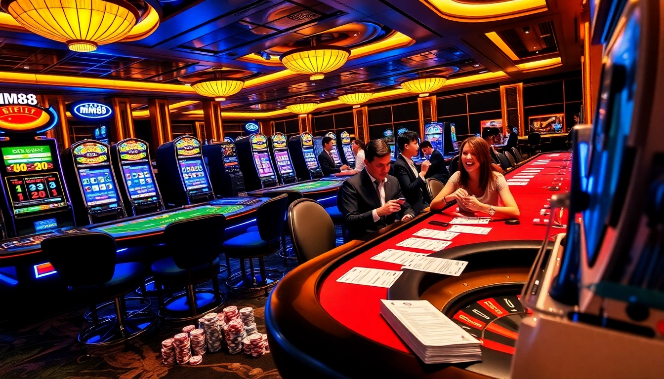 Excited players engaging in thrilling games at the luxurious MM88 casino lounge.