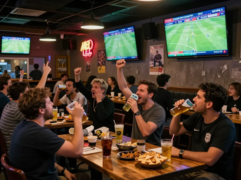 CakhiaTV fans engaging in sports betting action at a lively sports bar during a match.