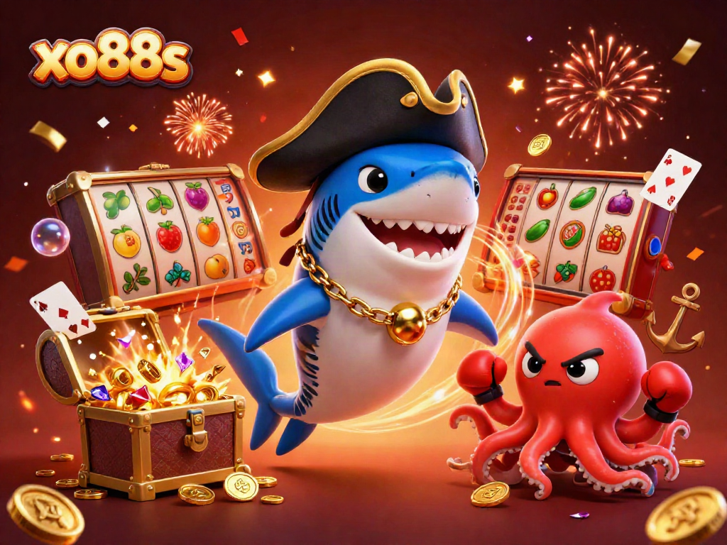 Join the action at xo88s with pirate-themed characters and casino elements in a vibrant digital illustration.