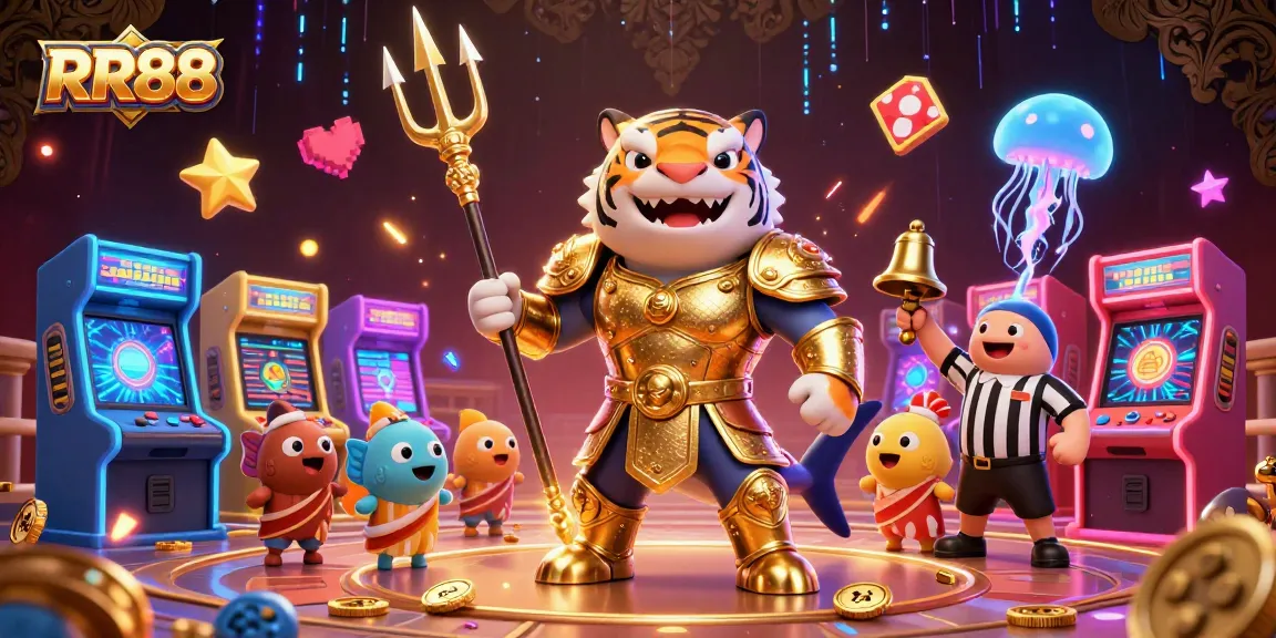 Experience the thrill of RR88 with a golden gladiator shark and arcade machines in a vibrant casino scene.