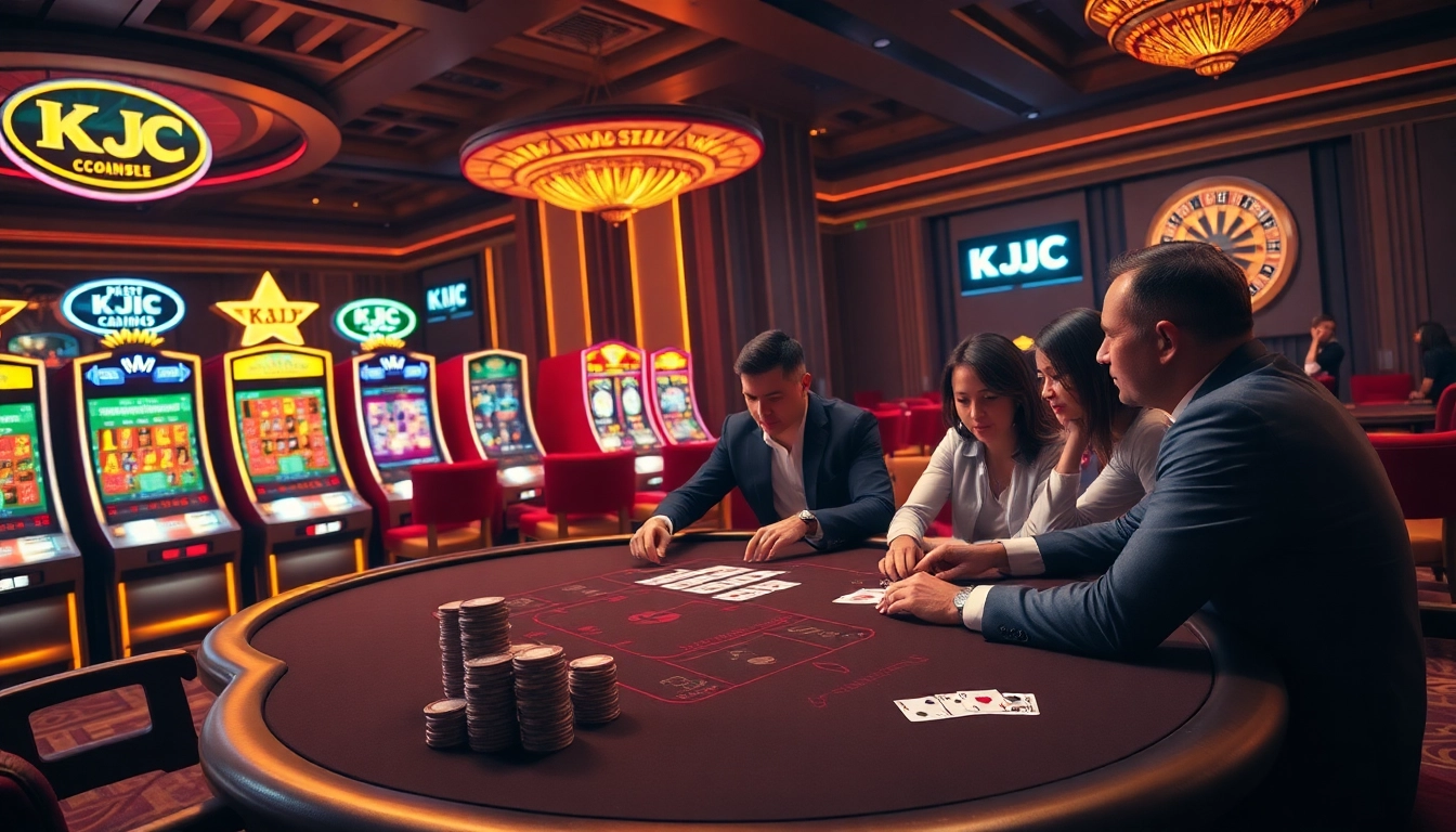 KJC branded poker game in a luxurious casino environment, showcasing excitement and professionalism.
