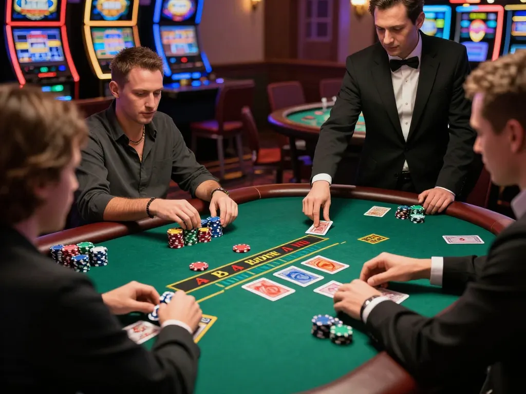 Players strategizing at the blackjack table in sin88it as dealer manages the game.