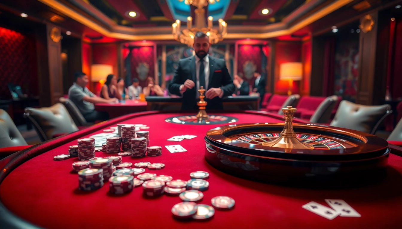 Exciting casino scene at nhà cái 33win with roulette and poker elements.