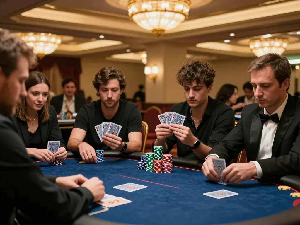 Watch thrilling poker action as players evaluate their hands in a luxurious casino, ผลบอล pulse in the air