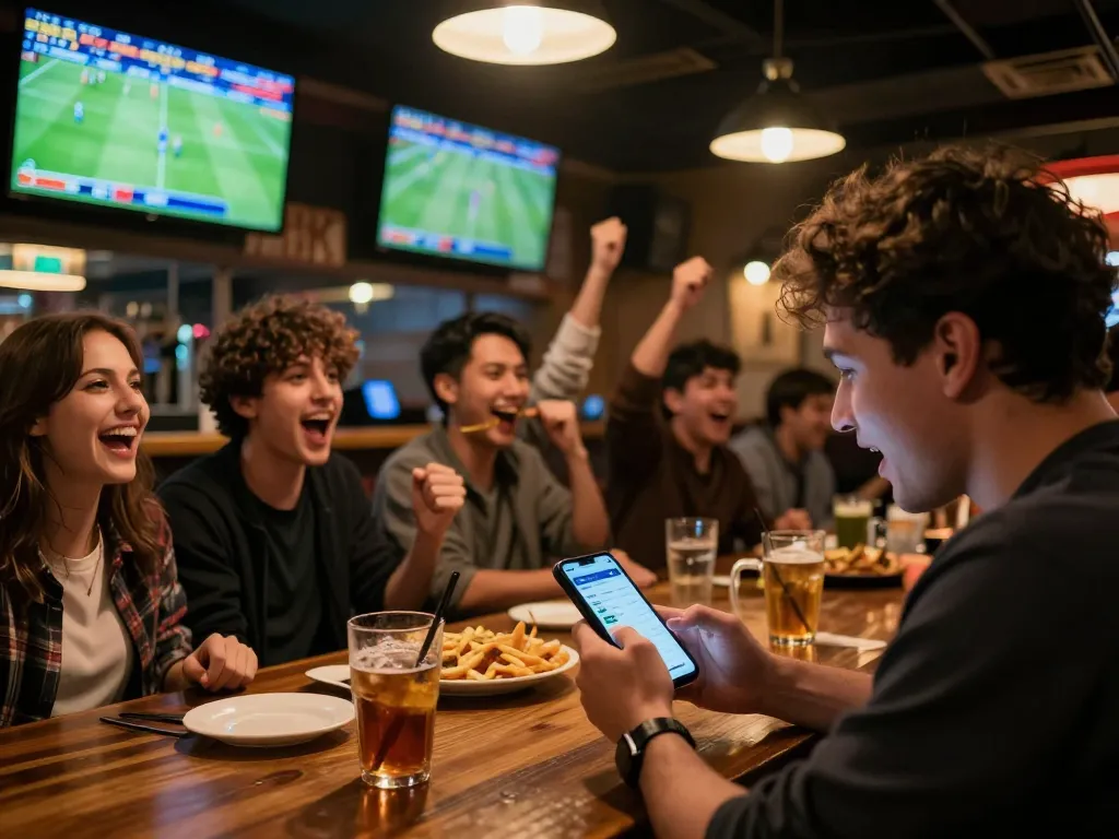 Engaging moment of sports betting with fans cheering for kết quả bóng đá displayed on multiple screens, creating an exciting atmosphere.