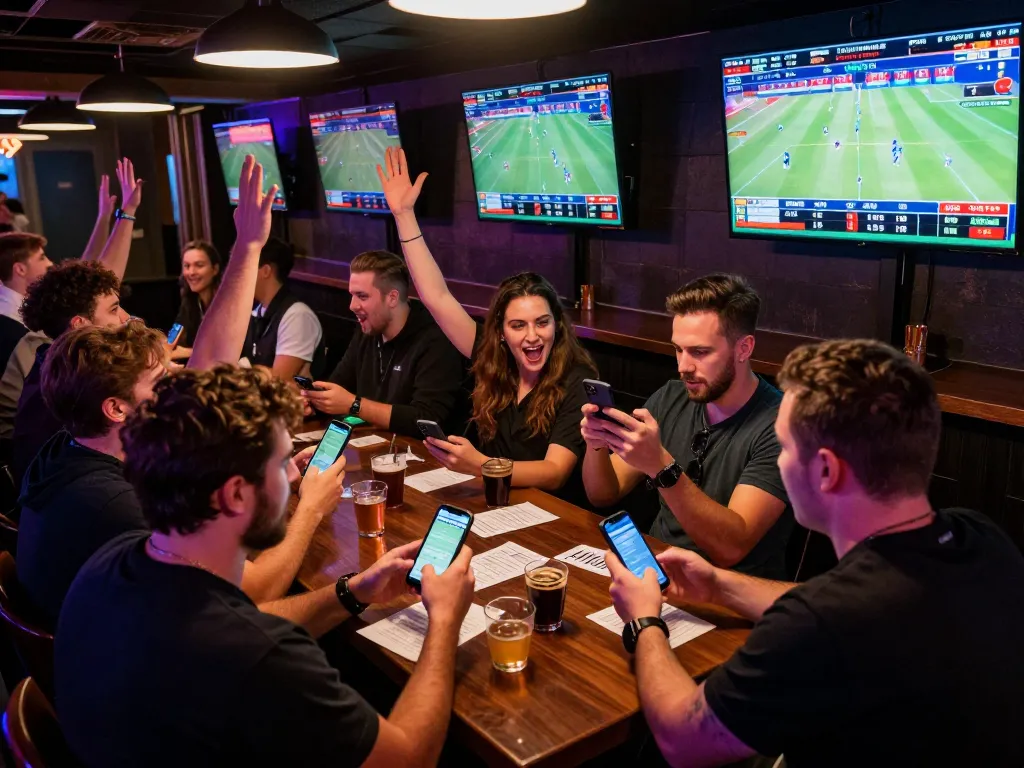 Excited bettors celebrating wins while using DEBET sports betting app on multiple screens in a lively bar environment.