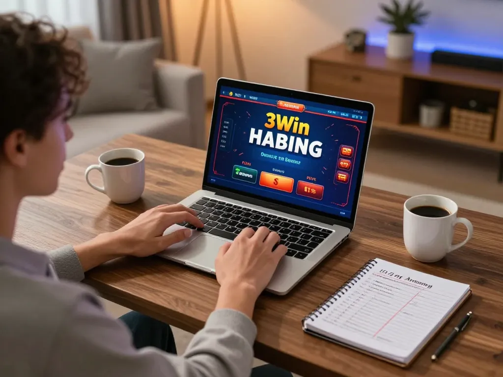 Player strategizing and enjoying 3win games on a modern laptop at home with coffee.