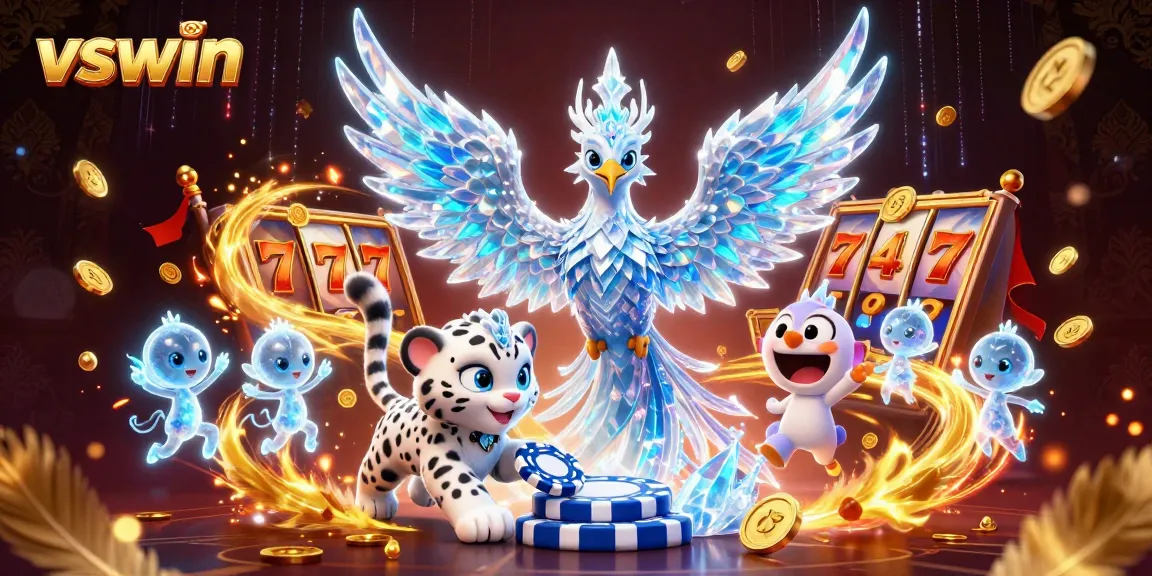 vswin showcases a vibrant 3D scene with an ice phoenix and animated slot elements to engage gamblers.
