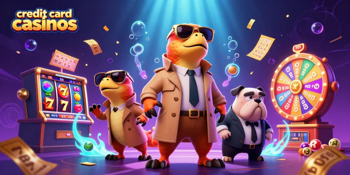 Engage with credit card casinos through a vibrant scene featuring raptors in a trench coat attempting VIP access among dynamic gaming elements.