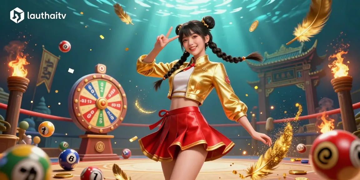 Experience lively gameplay at lauthaitv with an energetic Asian woman surrounded by colorful gambling elements.