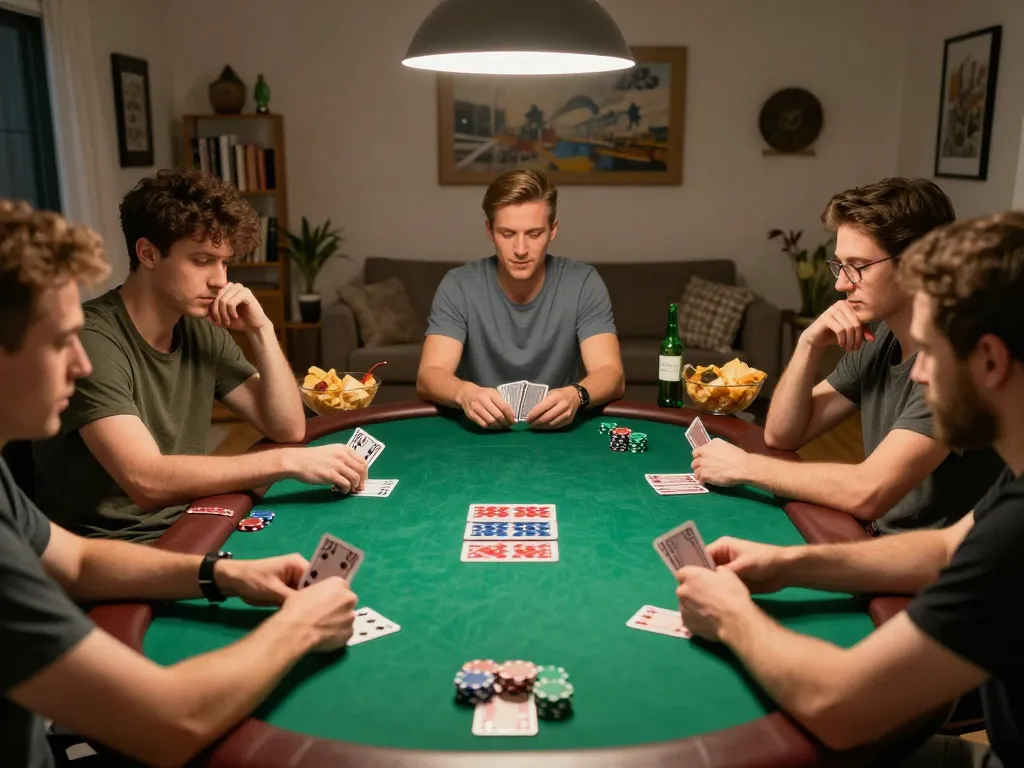 Group of friends enjoying a strategic poker night at home, showcasing https://lucky88za.com/ as the ultimate gaming source.
