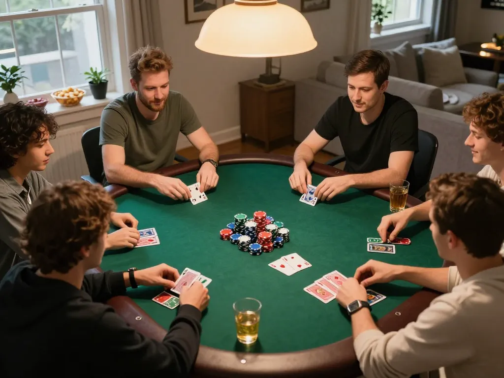 Players engaging in a lively poker game at home, showcasing 33win's strategy and social elements.