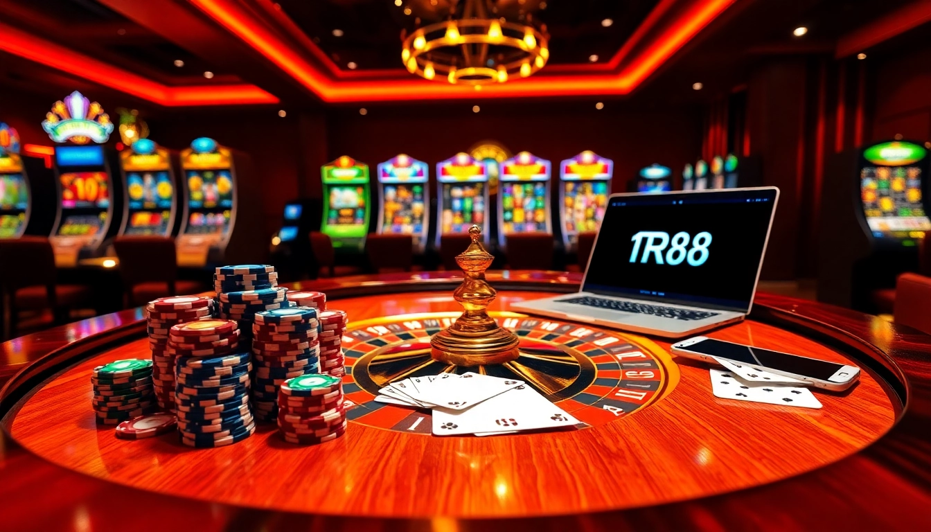 RR88 players engaged in a thrilling casino atmosphere with roulette and poker elements.