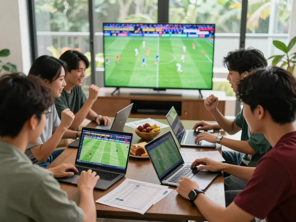 Sports betting discussion among friends analyzing kèo nhà cái with enthusiasm