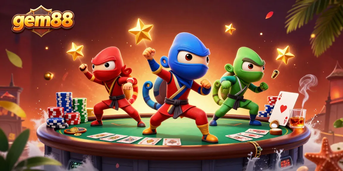 Watch gem88's ninja chameleon team showcasing their skills in a vibrant casino setting.