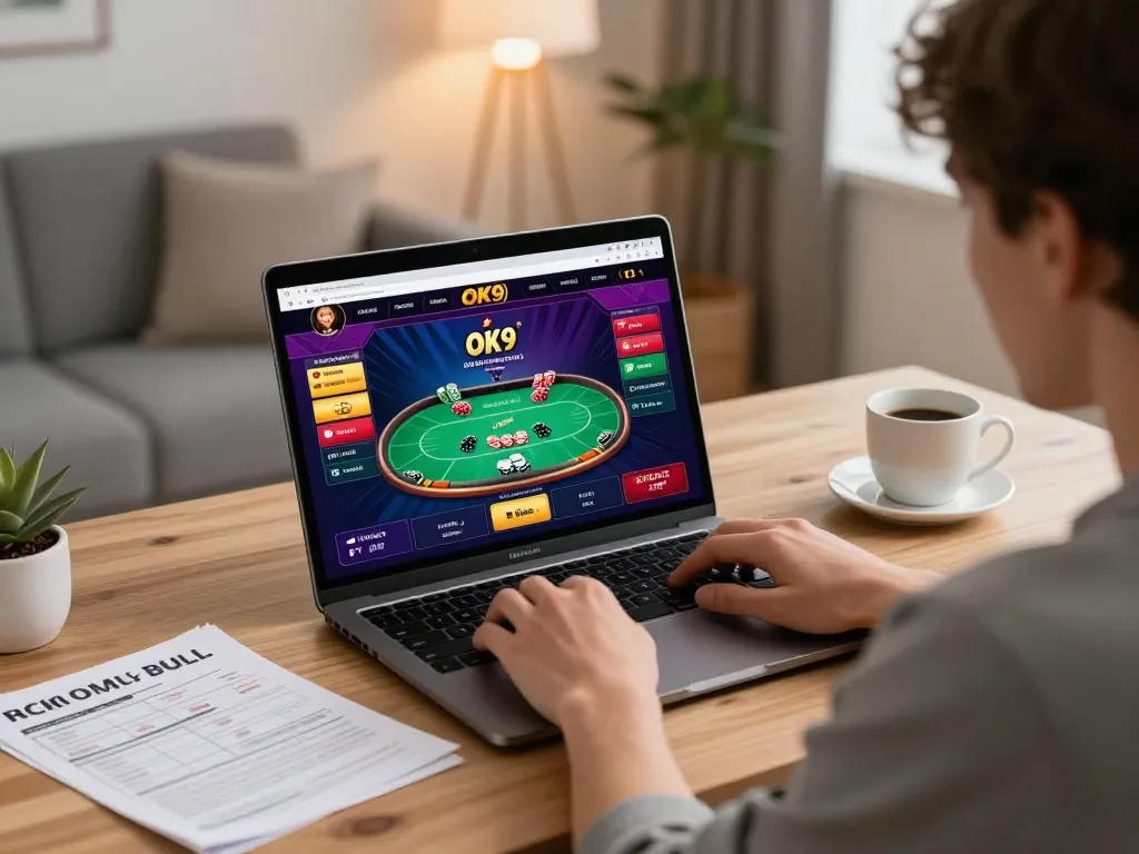 Player engaging with the OK9 online casino interface on a laptop, highlighting strategic gameplay.