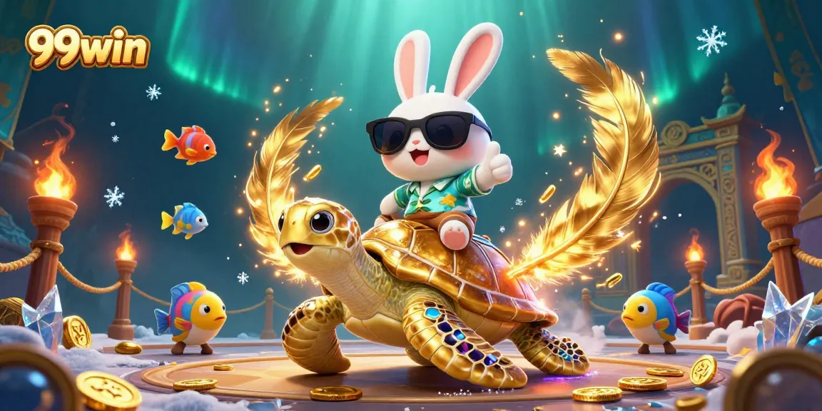 Engage with 99win's casino experience featuring a lucky rabbit on a sea turtle in a vibrant underwater setting.