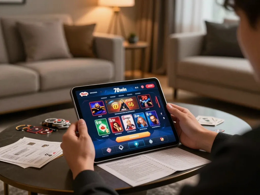 Play the 78win casino app on a cozy tablet setup with strategic betting notes.