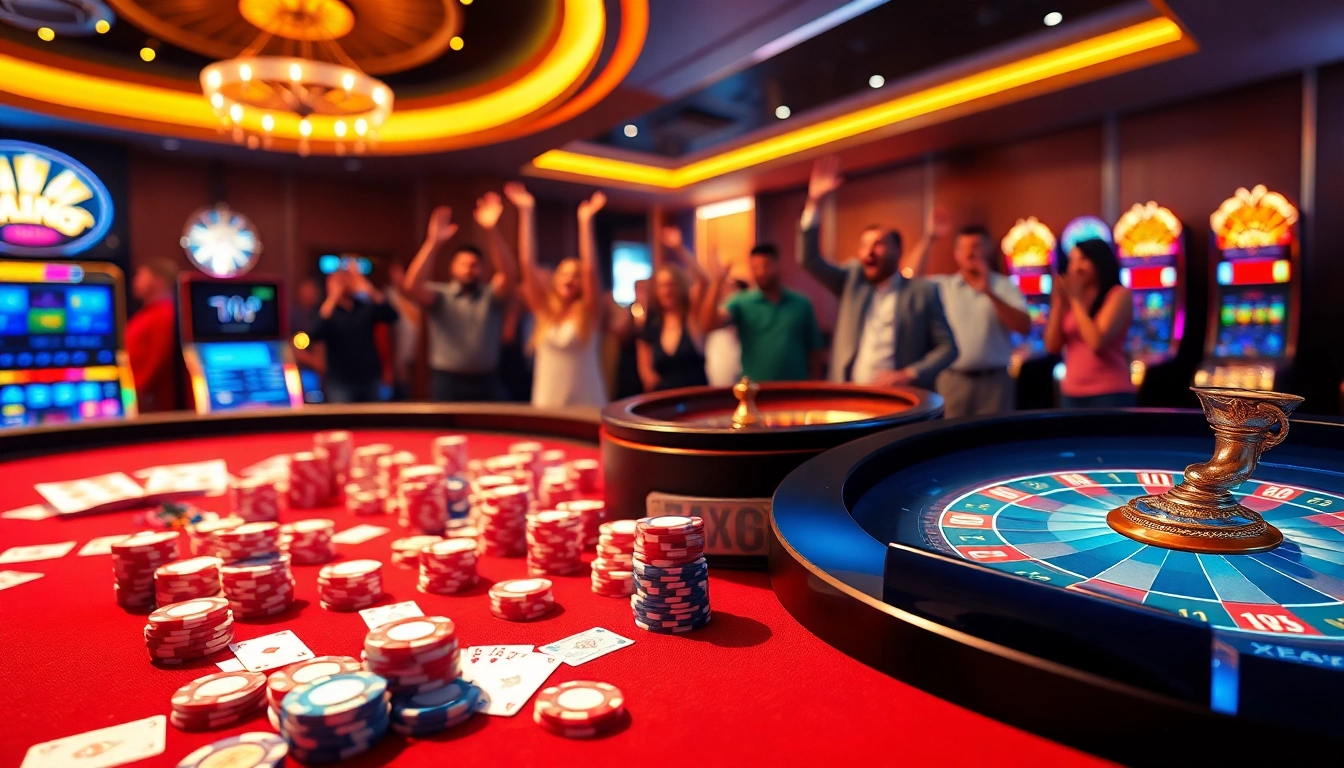 XX88 casino scene showcasing poker chips, playing cards, and a roulette wheel in an exciting atmosphere