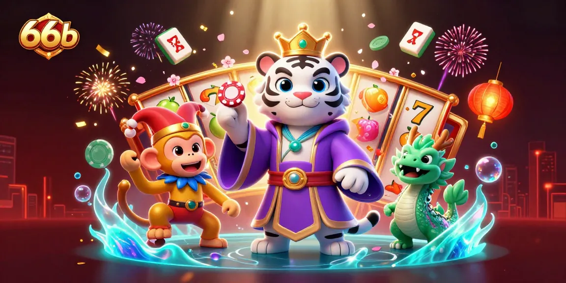 Engaging 66b casino scene with a majestic tiger, playful monkey, and dragon amidst vibrant slot game elements.