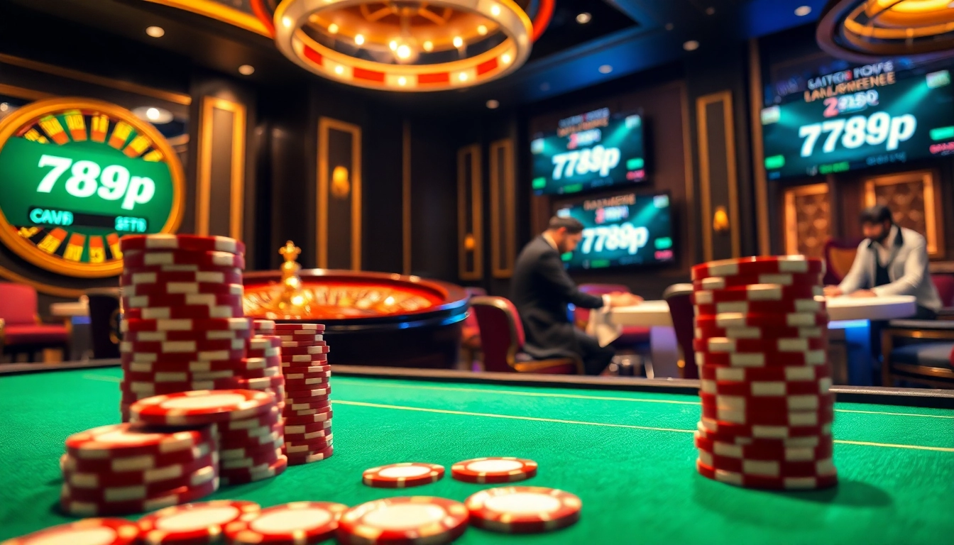 Engaging casino scene featuring 789p-themed gaming tables, poker chips, and a roulette wheel.