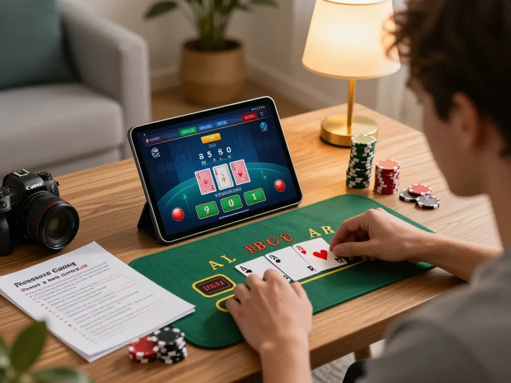 79KING gaming strategy session on tablet with blackjack interface, showcasing responsible gambling.
