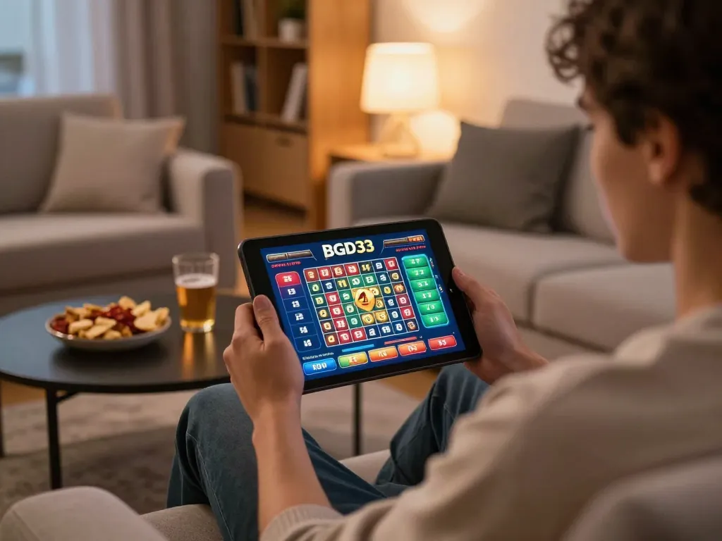 Engaging in Keno gameplay on the BGD33 platform with a tablet in a cozy home setting