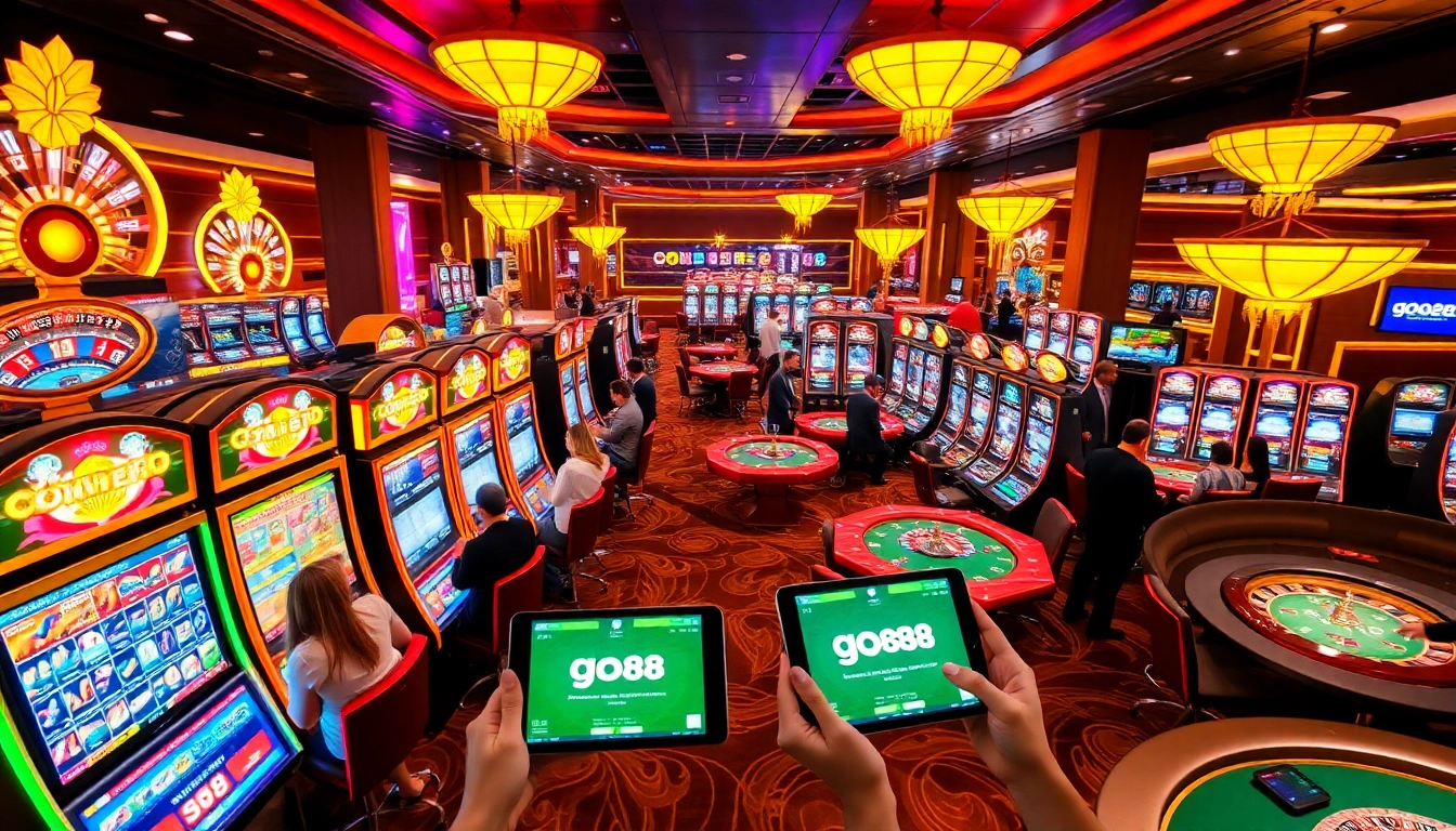 Engage with go88's thrilling gaming experience surrounded by vibrant casino elements and players.